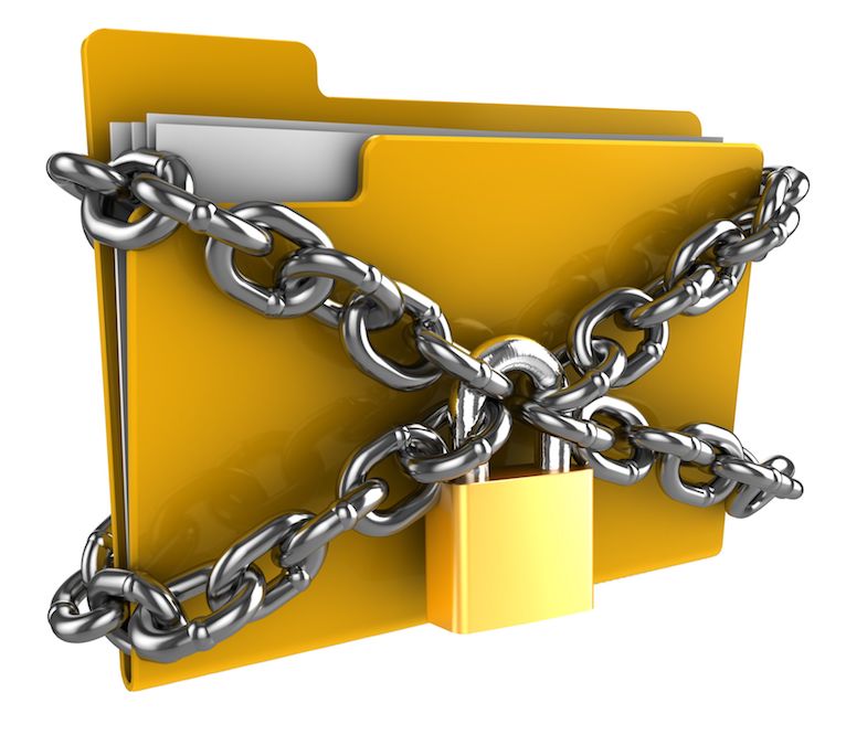 3d illustration of folder locked by chains isolated over white